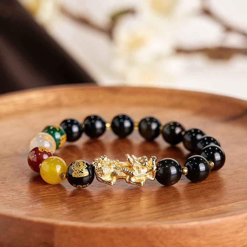 10mm Gold Sheen Obsidian Pixiu Bracelet for Wealth & Protection
