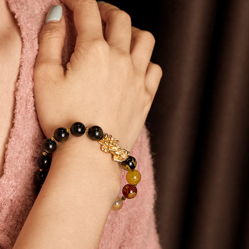 10mm Gold Sheen Obsidian Pixiu Bracelet for Wealth & Protection