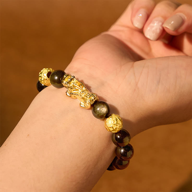 10mm Gold Sheen Obsidian Pixiu Om Mani Padme Hum Wealth Bracelet
