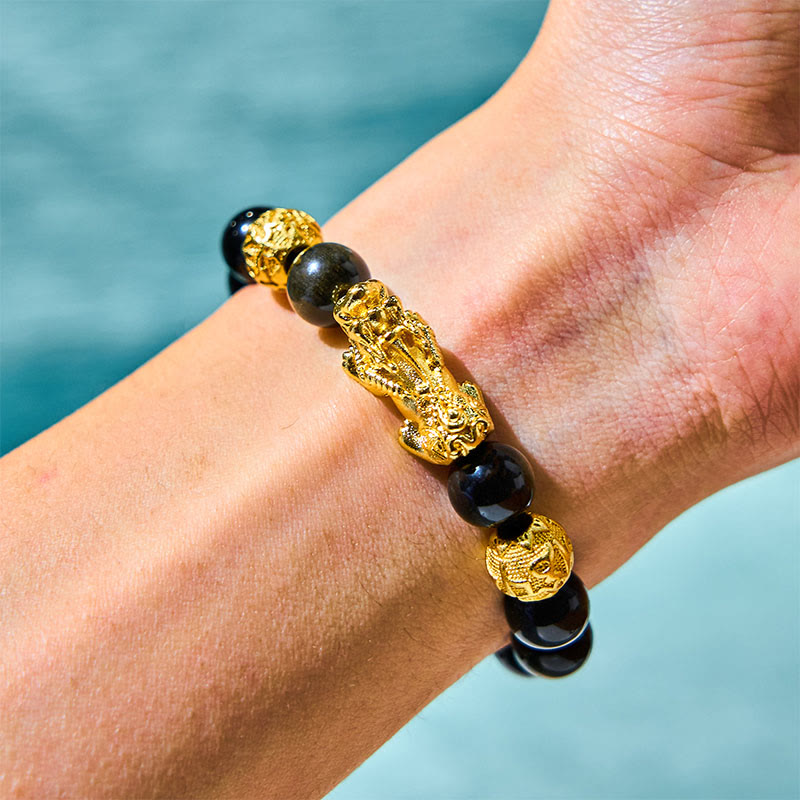 10mm Gold Sheen Obsidian Pixiu Om Mani Padme Hum Wealth Bracelet