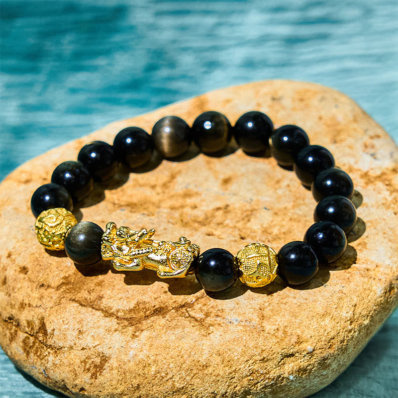10mm Gold Sheen Obsidian Pixiu Om Mani Padme Hum Wealth Bracelet
