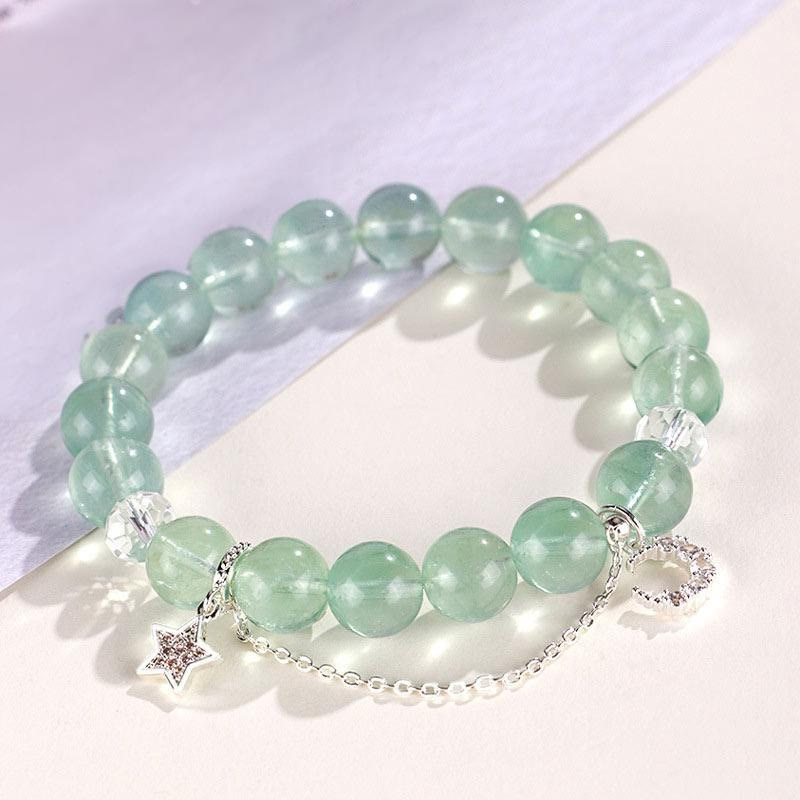 10mm Green Fluorite Bracelet with Moon & Star Charms