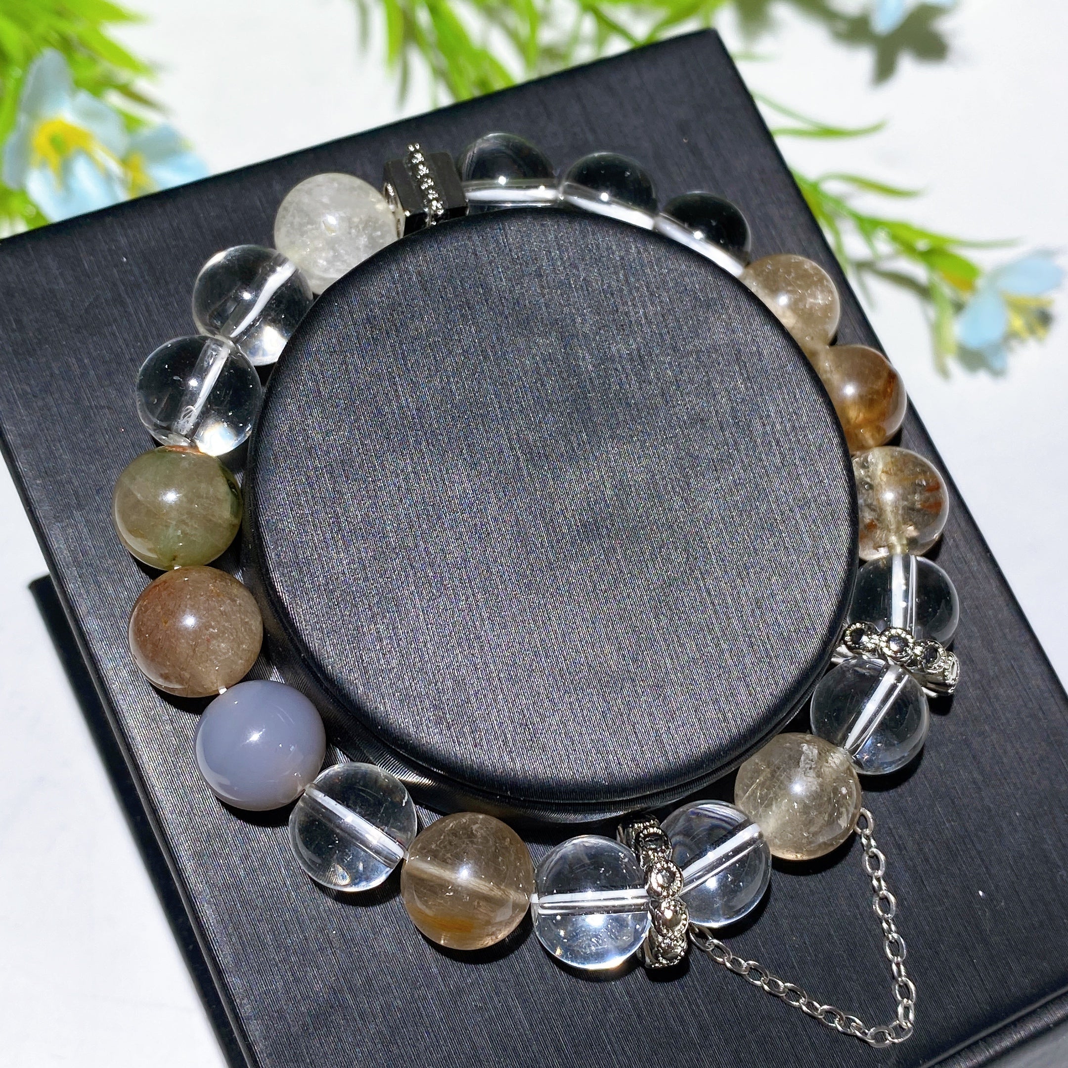 10mm Mixed Crystal Spiritual Bracelet with Chain Decor
