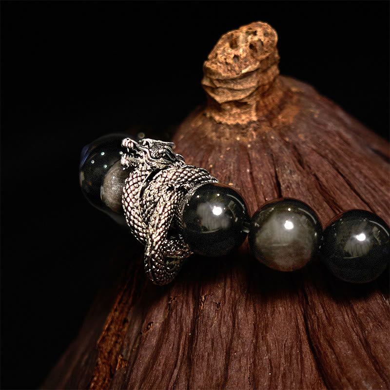 10mm Silver Sheen Obsidian Dragon Protection Bracelet