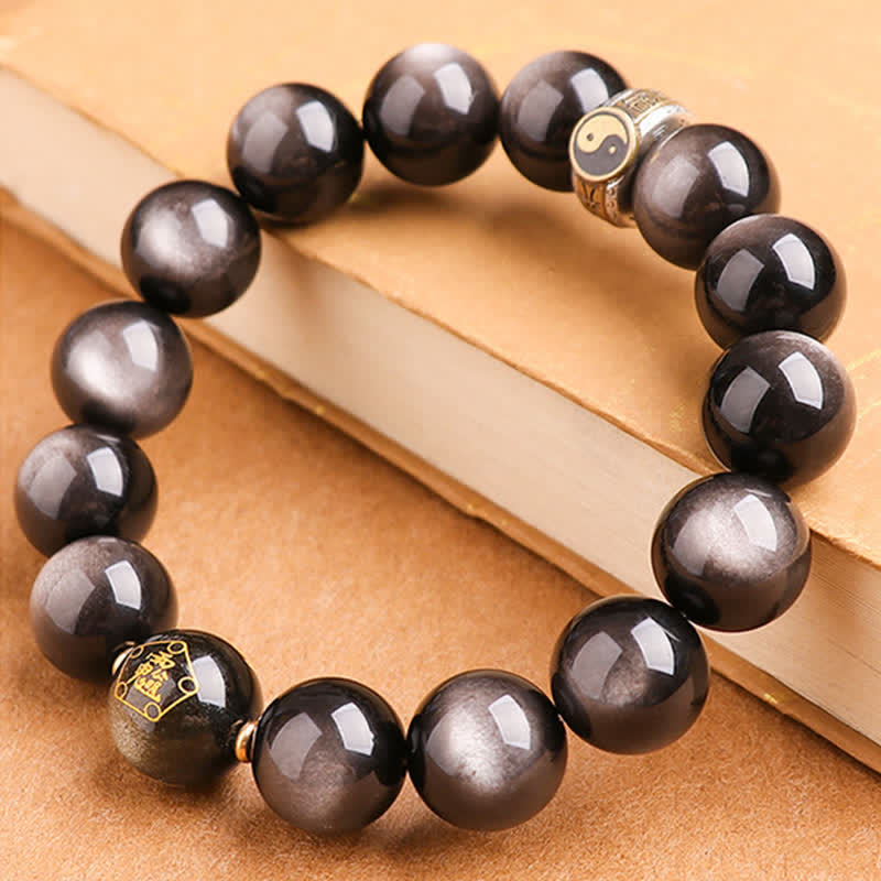 10mm Yin Yang Obsidian Protection Bracelet Sterling Silver