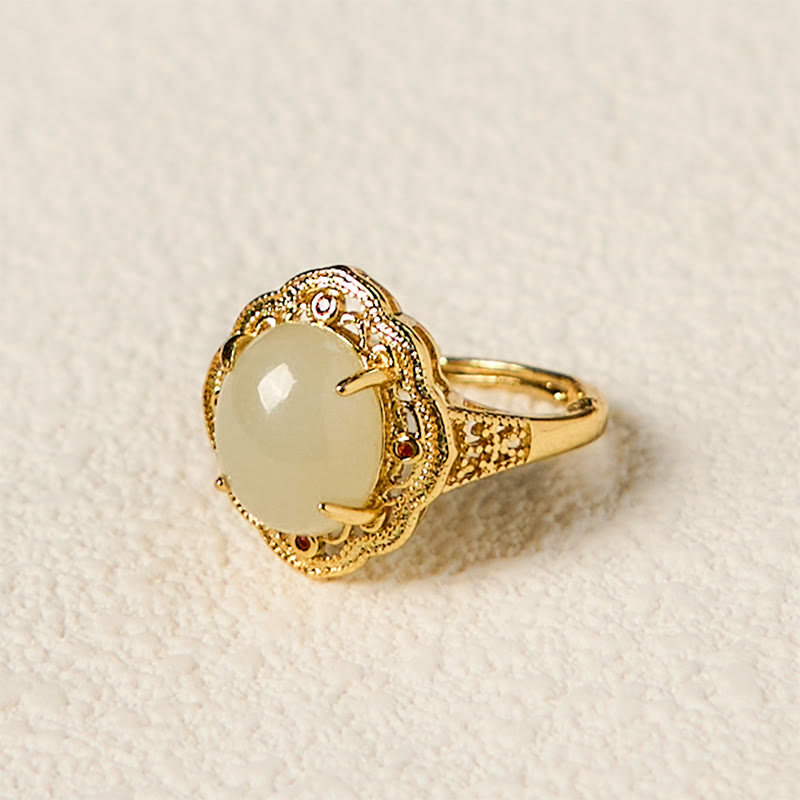10x12mm Hetian Jade Vintage Egg Copper Open Luck Ring
