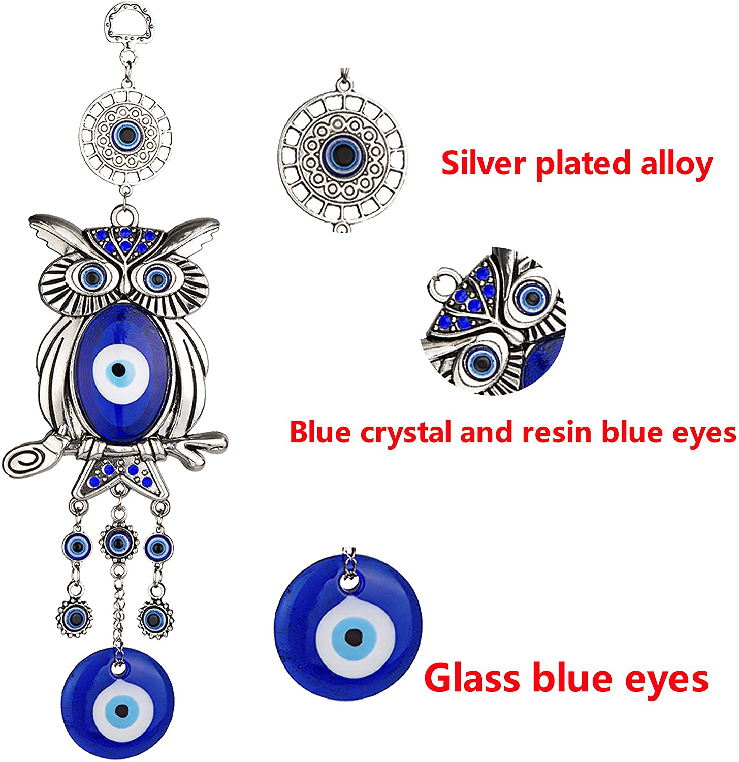 11.7-Inch Blue Evil Eye Owl Pendant Decoration for Protection