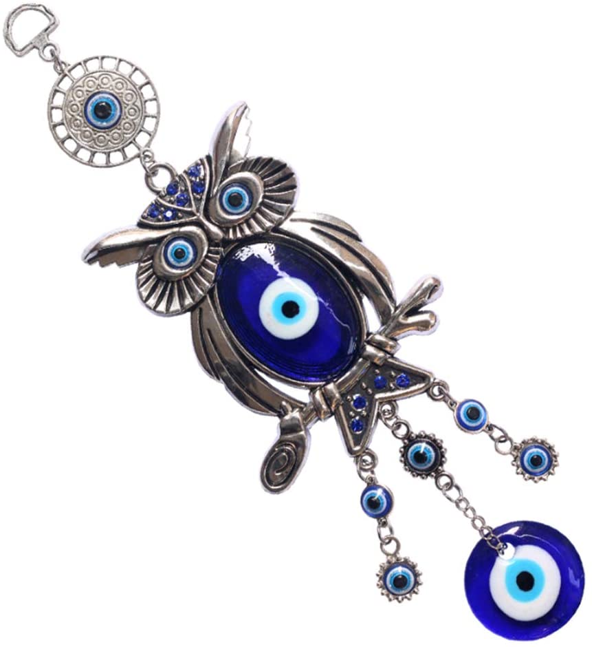 11.7-Inch Blue Evil Eye Owl Pendant Decoration for Protection