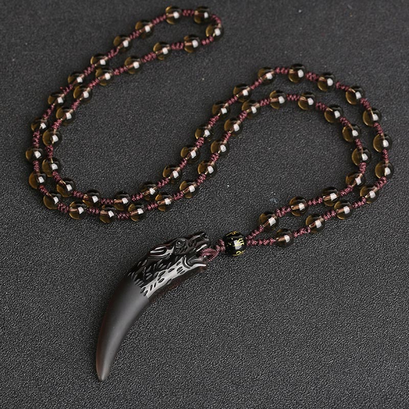 Large Ice Obsidian Wolf Tooth Pattern Courage Necklace