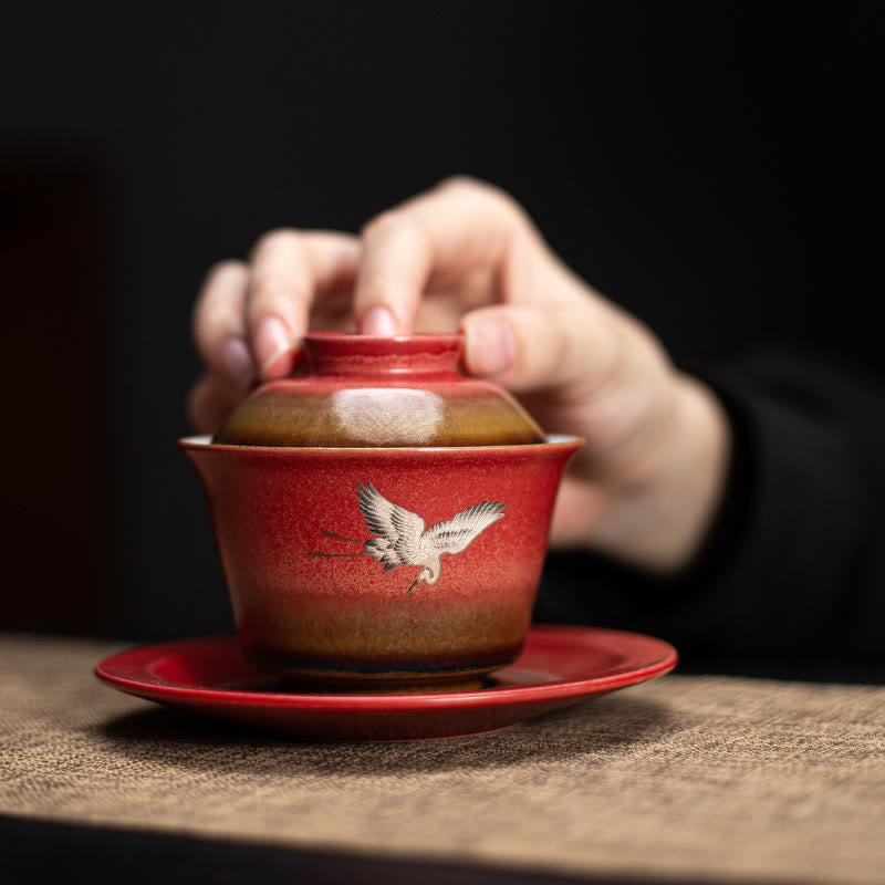 Red Auspicious Crane Ceramic Gaiwan Sancai Teacup | Zen Decor