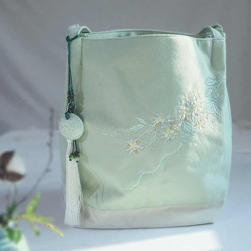 Canvas Tote Bag with Flower Crane & Plum Blossom Embroidery