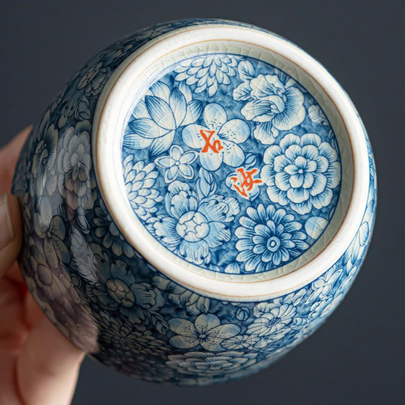 Ceramic Zen Tea Cup with Blue Lotus & Chrysanthemum Design 95ml