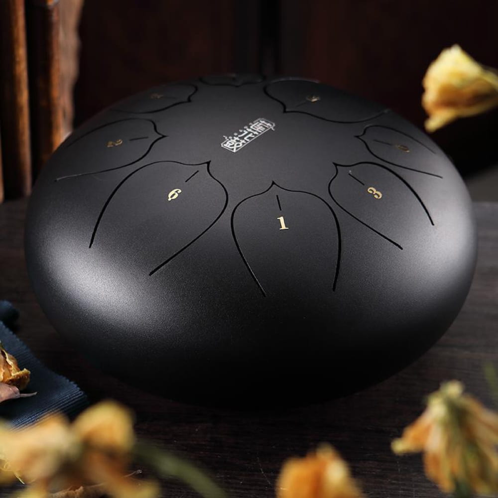 Black steel tongue drum with numbered tone zones for portable music in C key