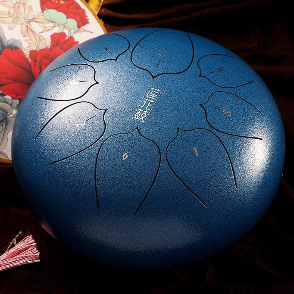 Blue metallic 12 inch Carbon Steel Tongue Drum with petal-shaped tones in C Key