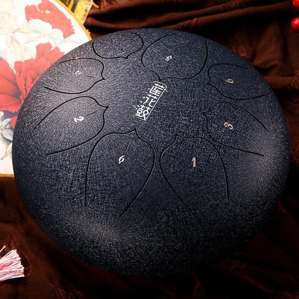 Black steel tongue drum with etched tone markers in 12 inch Carbon Steel, 8 Tone C Key