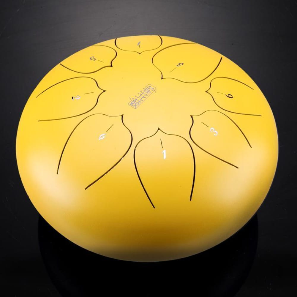 Yellow steel tongue drum with petal-shaped tone zones for portable music in C Key