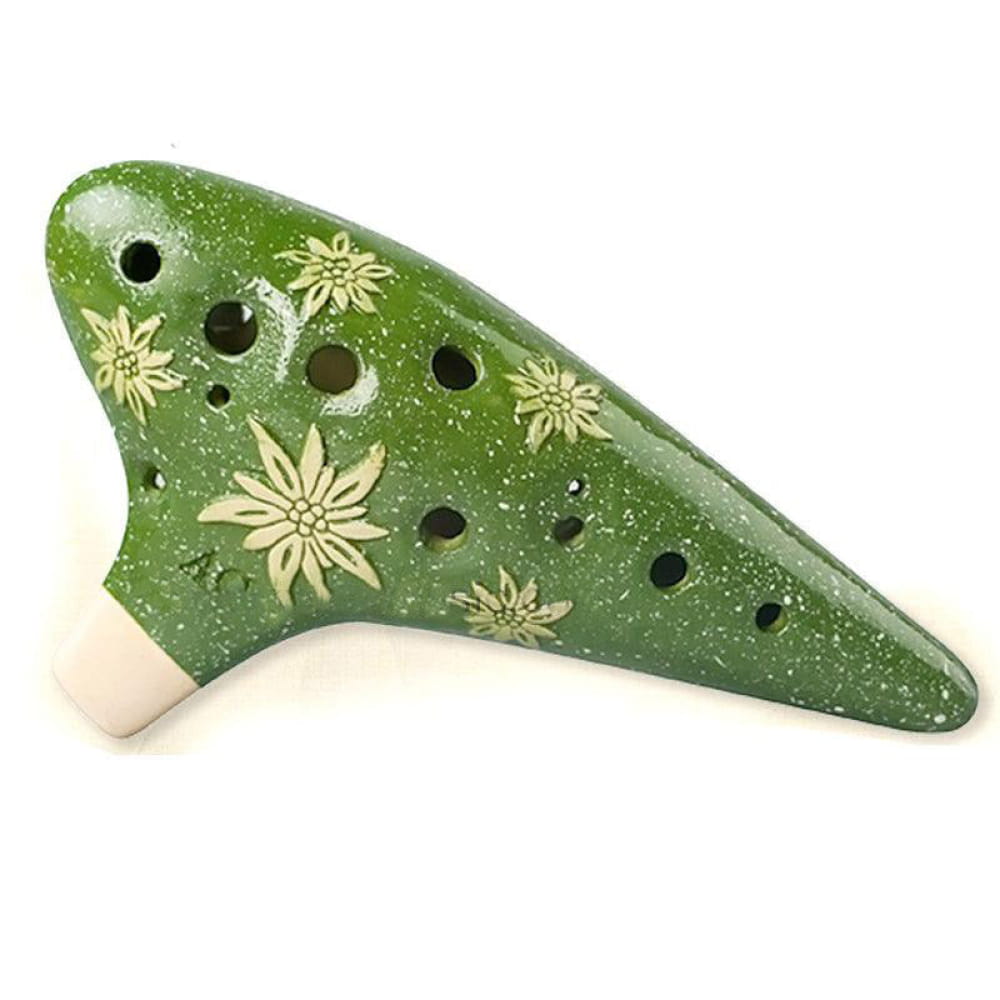 Green ceramic ocarina with white floral designs for Zelda music lovers