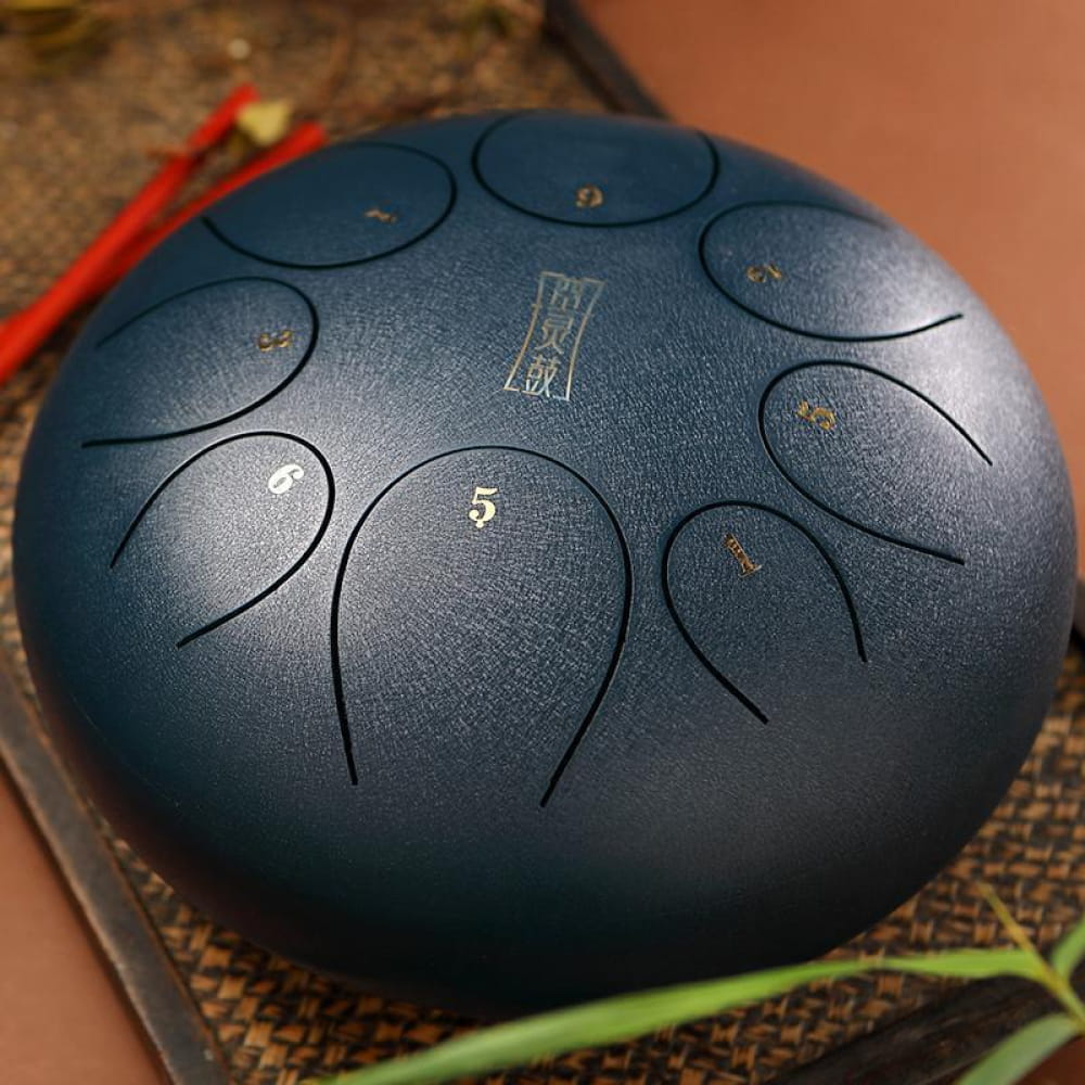Steel tongue drum in dark blue with numbered tone zones 12-Inch 8-Note C Key