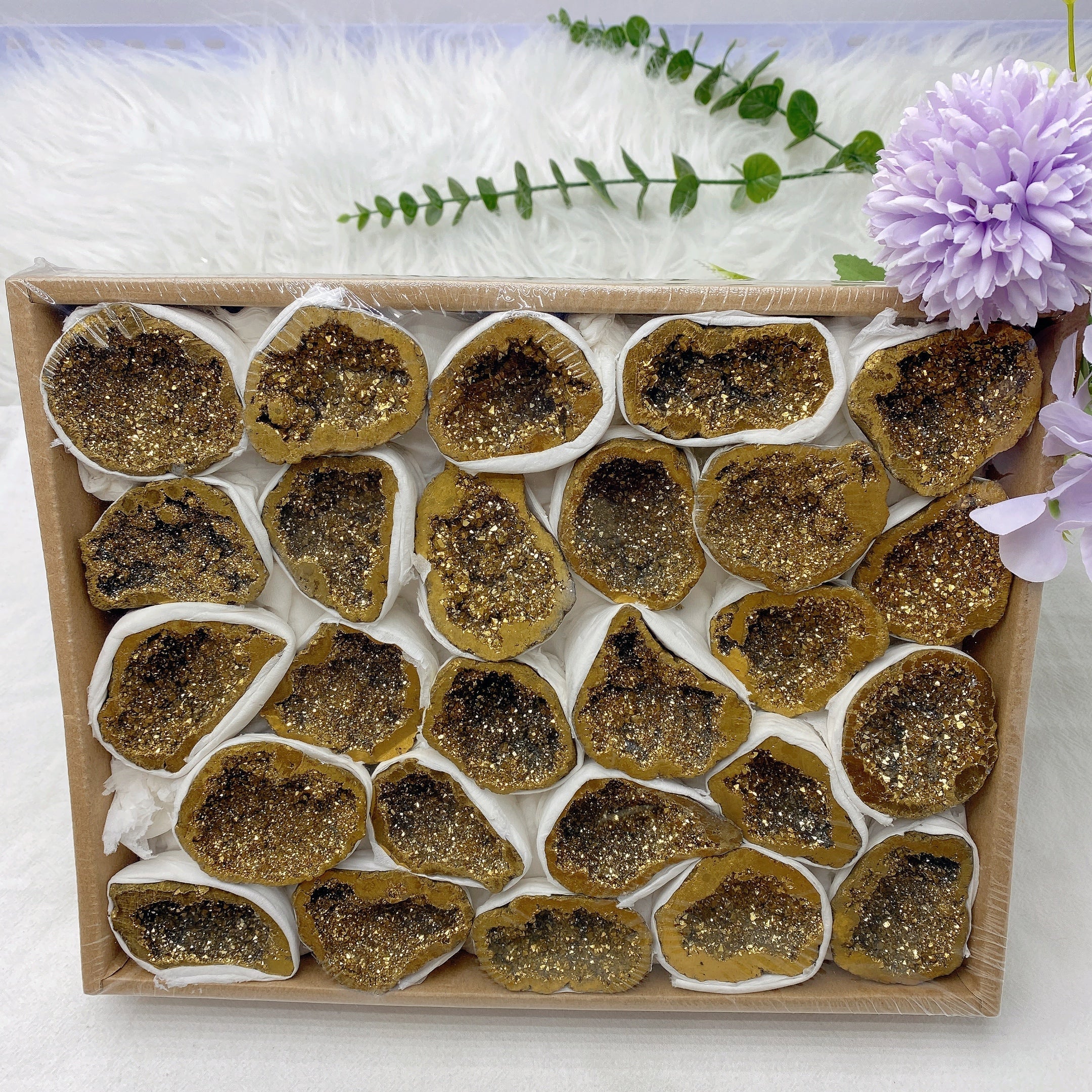 12-inch Aura Golden Druzy Agate Geode Specimen Box for Healing