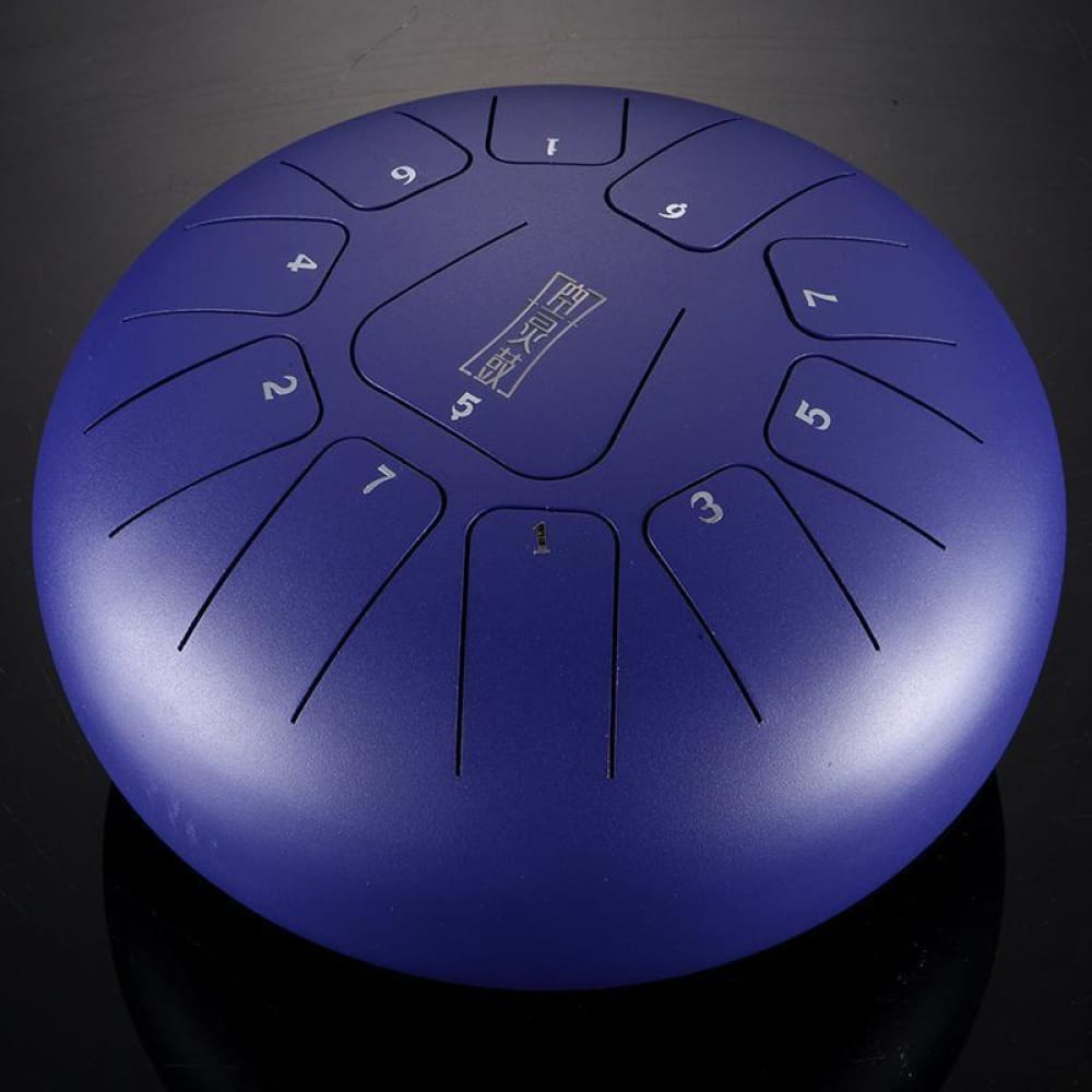 Blue steel tongue drum with numbered sections for 12-Inch Carbon Steel Tongue Drum