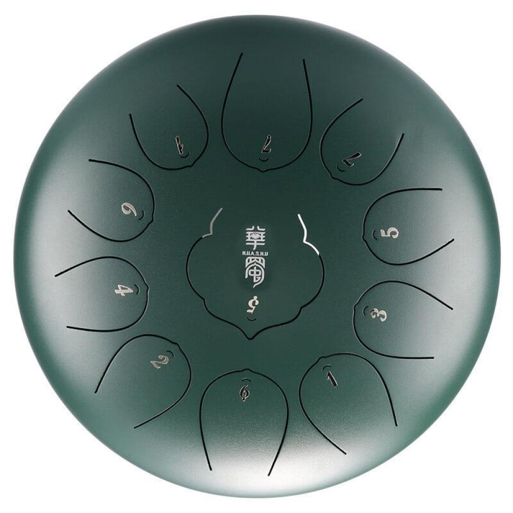 Dark green steel tongue drum with numbered tone fields in circular pattern, 12-Inch, D Key