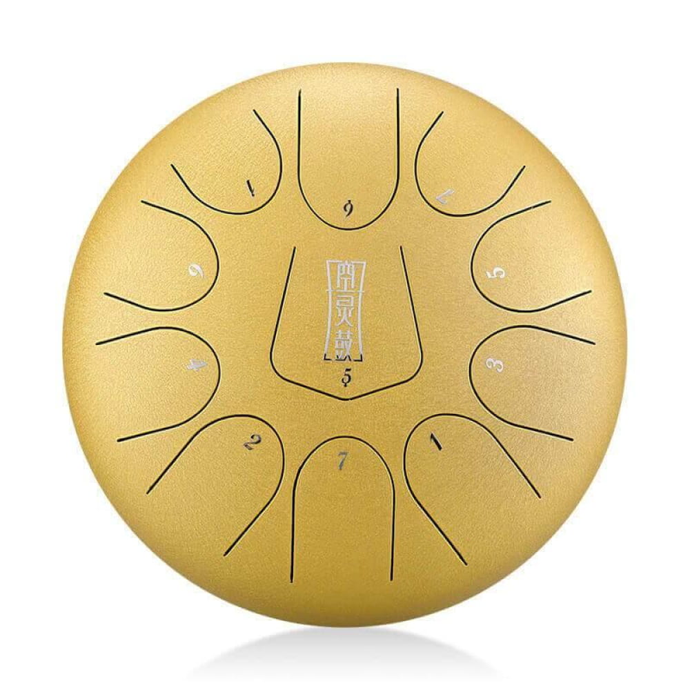 Golden steel tongue drum with 11 tone fields in circular pattern, 12-Inch Triangle Steel Tongue Drum