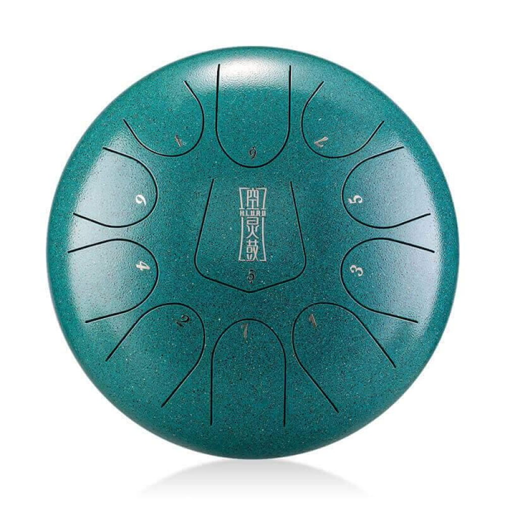 Teal-colored 12-Inch Triangle Steel Tongue Drum with etched tone markers in F Key