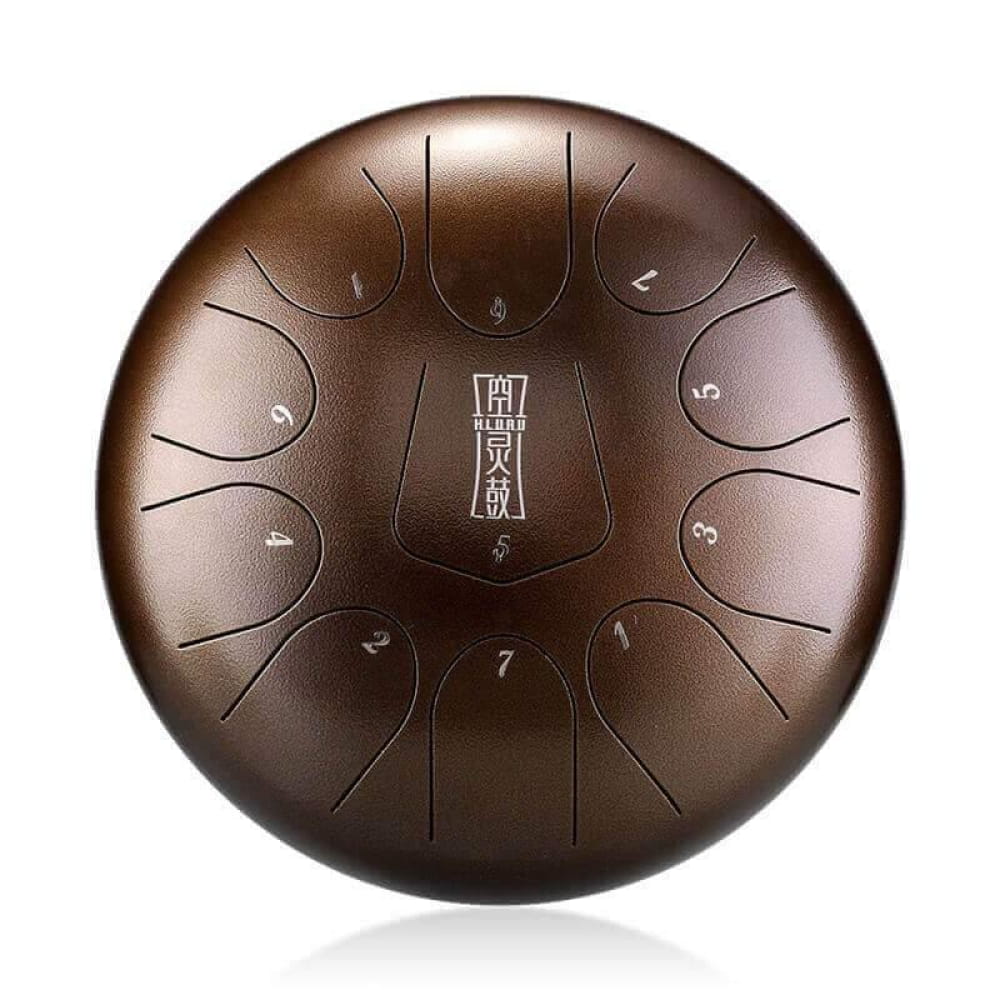 Bronze-colored 12-Inch Triangle Steel Tongue Drum with etched tone markers in F key