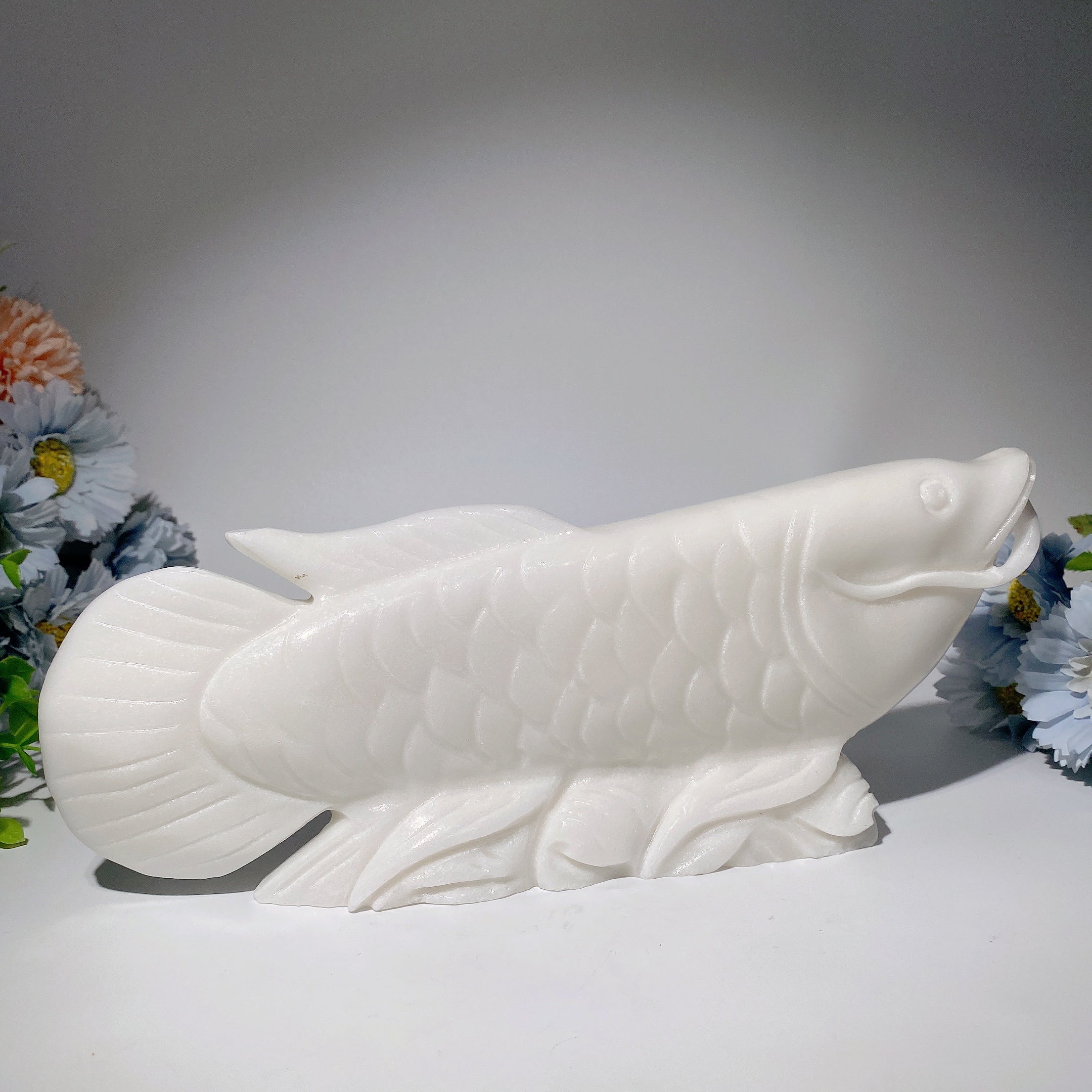 12-inch White Jade Arowana Fish Spiritual Healing Figurine