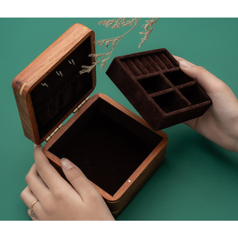 Rosewood Jewelry Box with Antique Flower Leaf Design - Handmade Storage