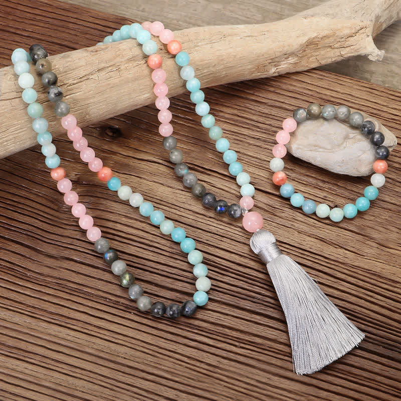108 Bead Amazonite & Black Glitter Stone Gemstone Mala Bracelet