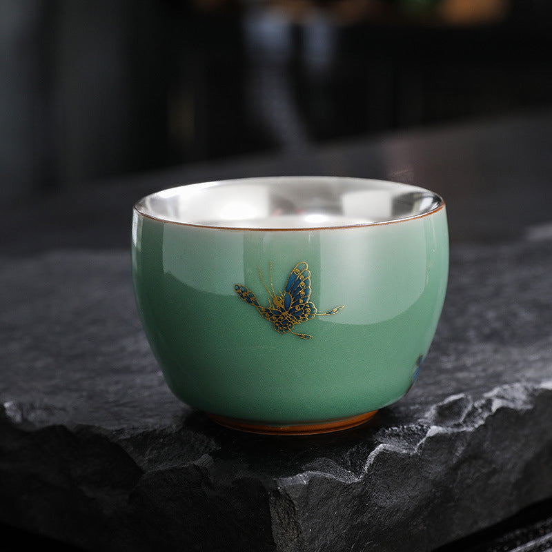 120ml Ceramic Tea Cup with Butterfly & Lotus Designs for Zen Decor