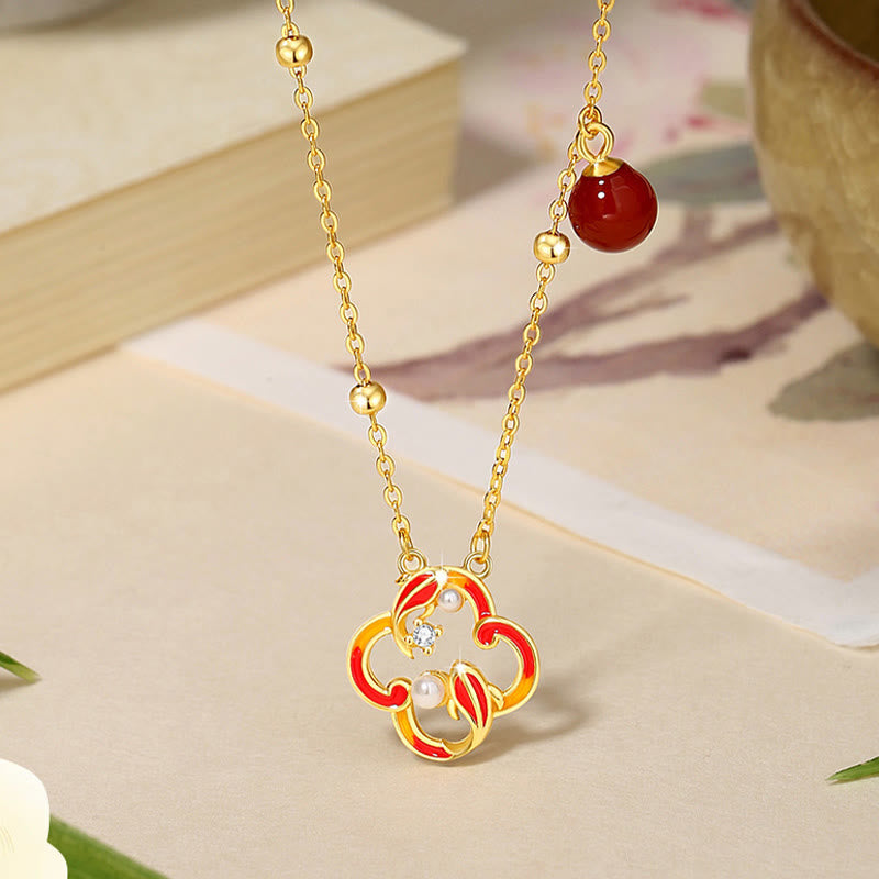 925 Sterling Silver Koi Fish Jewelry Set with Red Agate Pearl