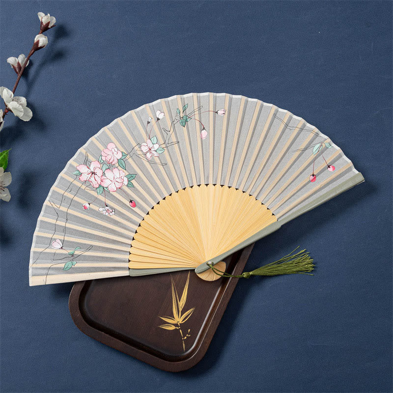 21cm Chinese Folding Fan with Lotus Begonia Jasmine Motifs in Bamboo Frame