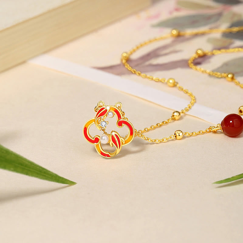 925 Sterling Silver Koi Fish Jewelry Set with Red Agate Pearl