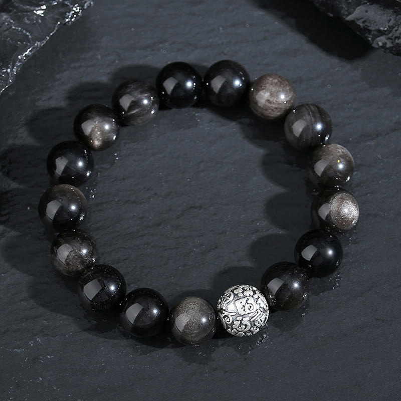 12mm Black Obsidian Fu Character Bracelet