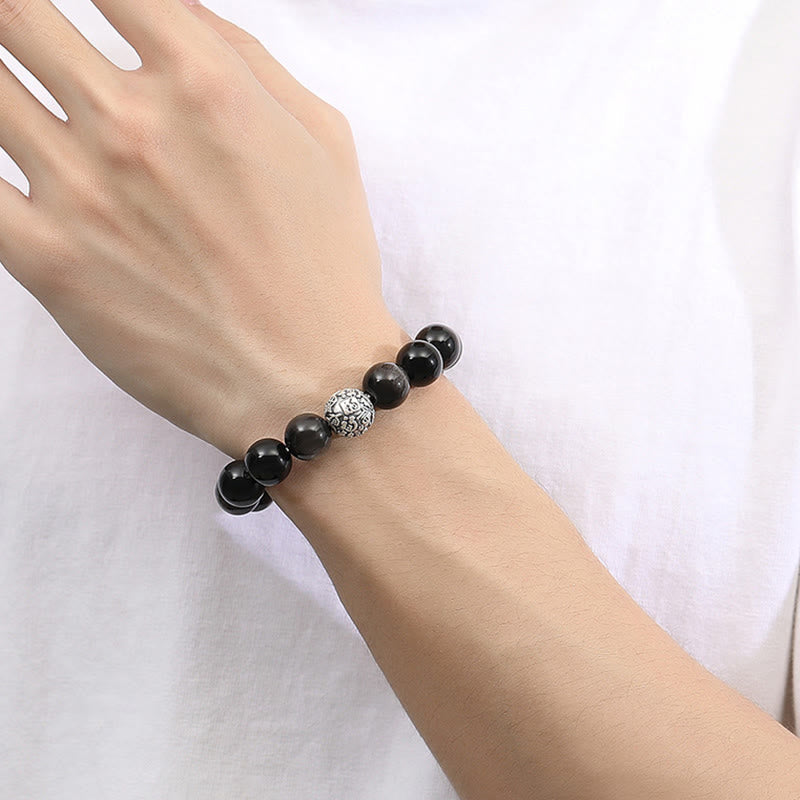 12mm Black Obsidian Fu Character Bracelet