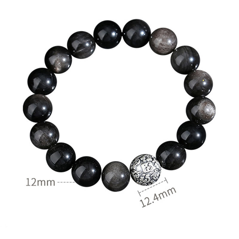 12mm Black Obsidian Fu Character Bracelet