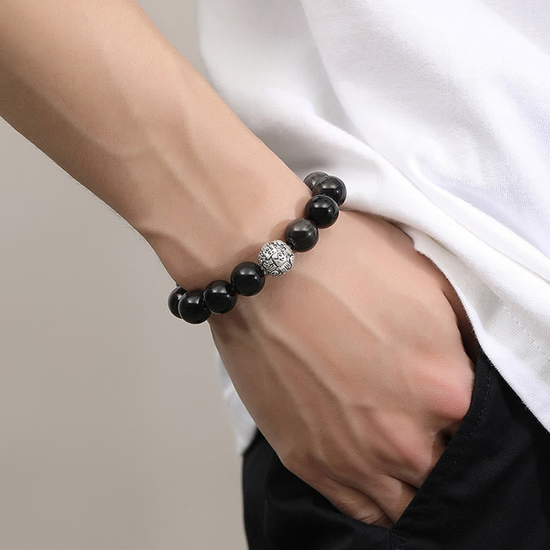 12mm Black Obsidian Fu Character Bracelet