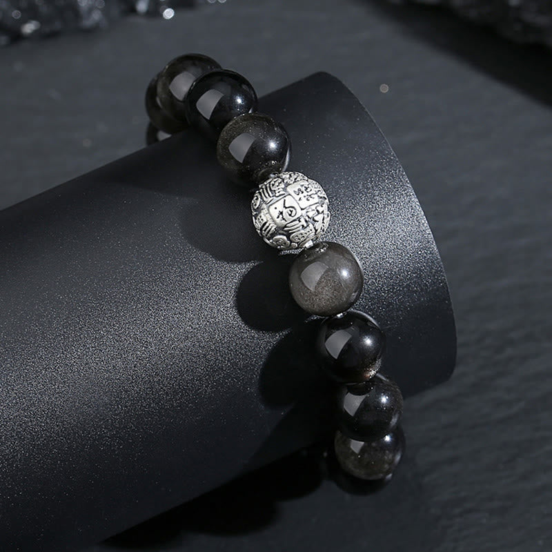 12mm Black Obsidian Fu Character Bracelet