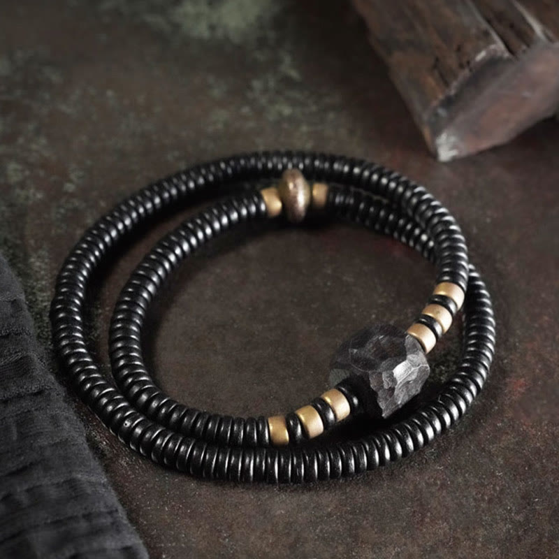 12mm Ebony Wood Brass Peace Double Wrap Bracelet
