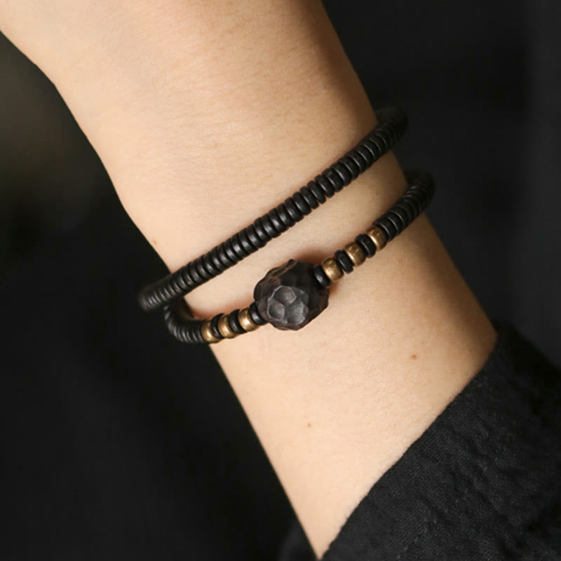 12mm Ebony Wood Brass Peace Double Wrap Bracelet