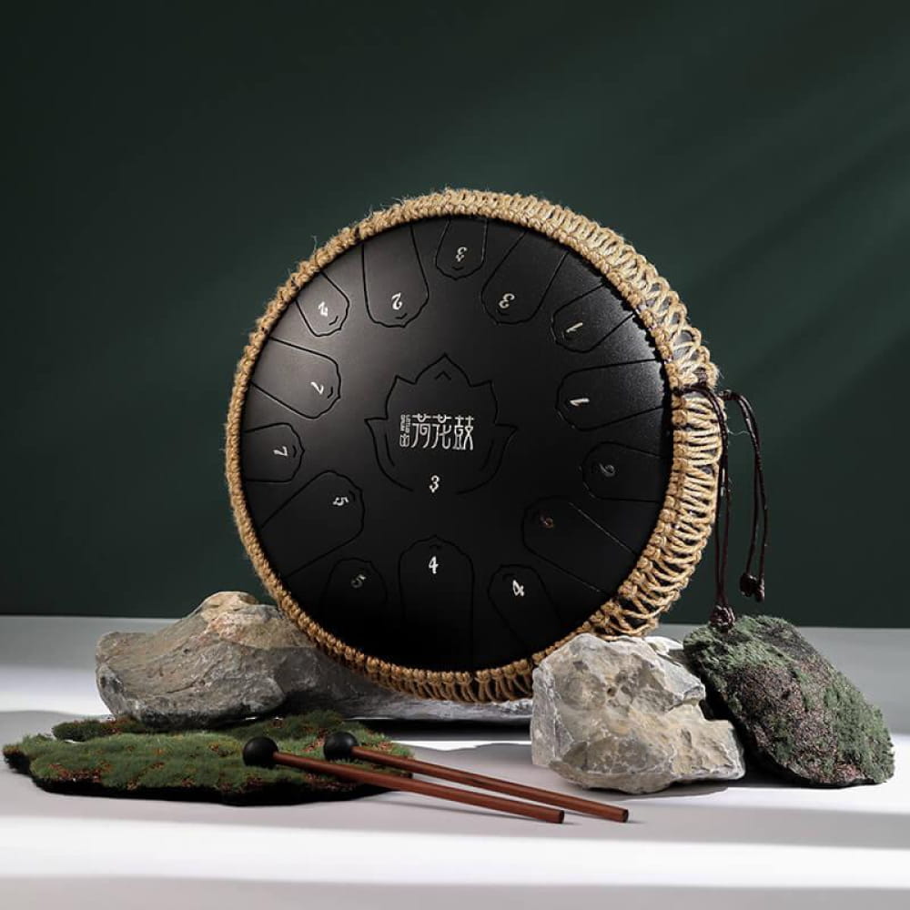 Black steel tongue drum with rope border and tone zones, 13-Inch 15-Note C Major