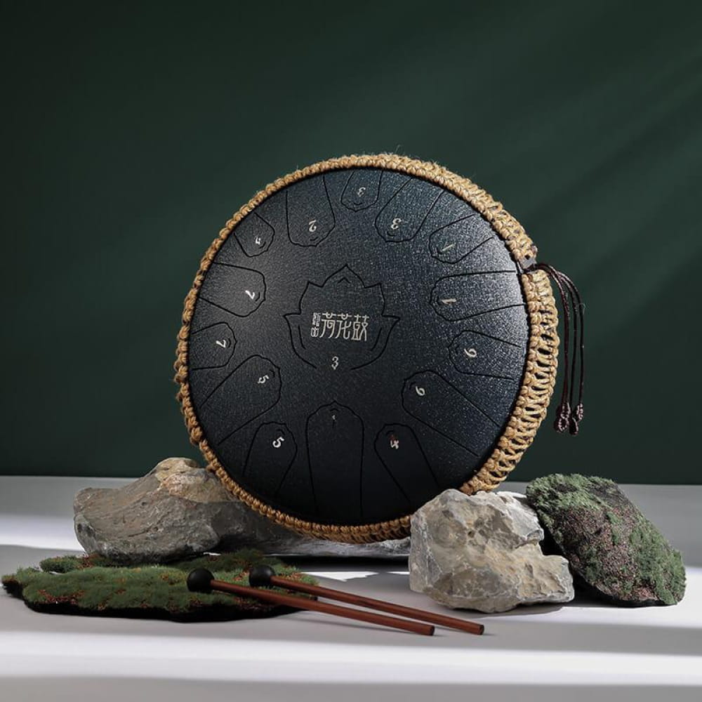 Black steel tongue drum with decorative rope trim, 13-Inch 15-Note C Major design