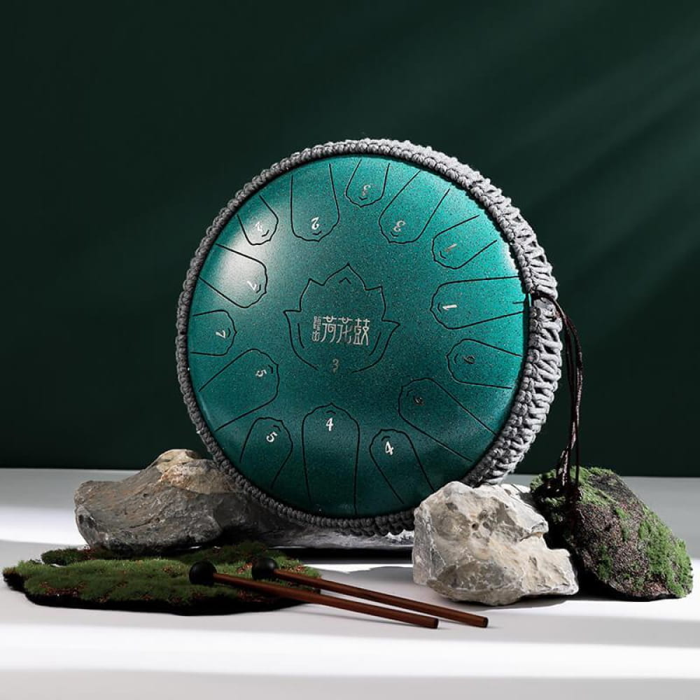 Turquoise 13-Inch 15-Note C Major Steel Tongue Drum with decorative trim