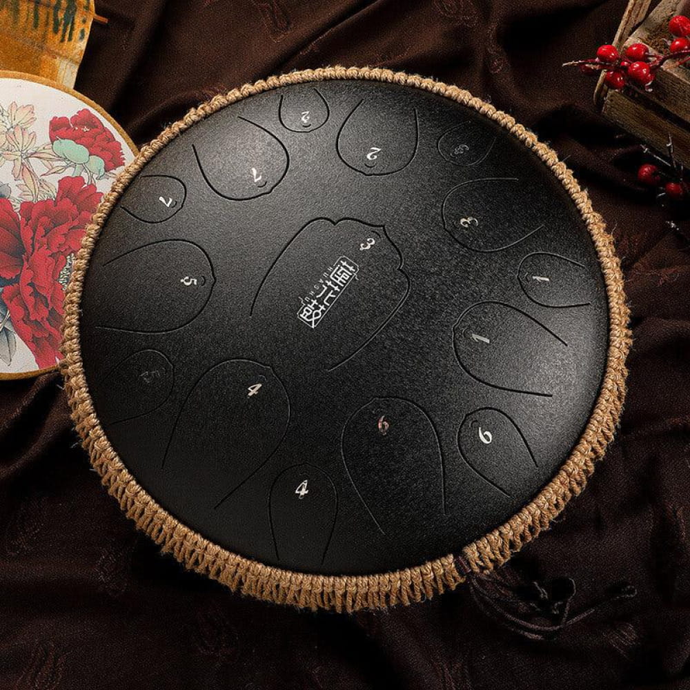 Black Steel Tongue Drum with numbered tone zones and rope-wrapped edge, 13 inches