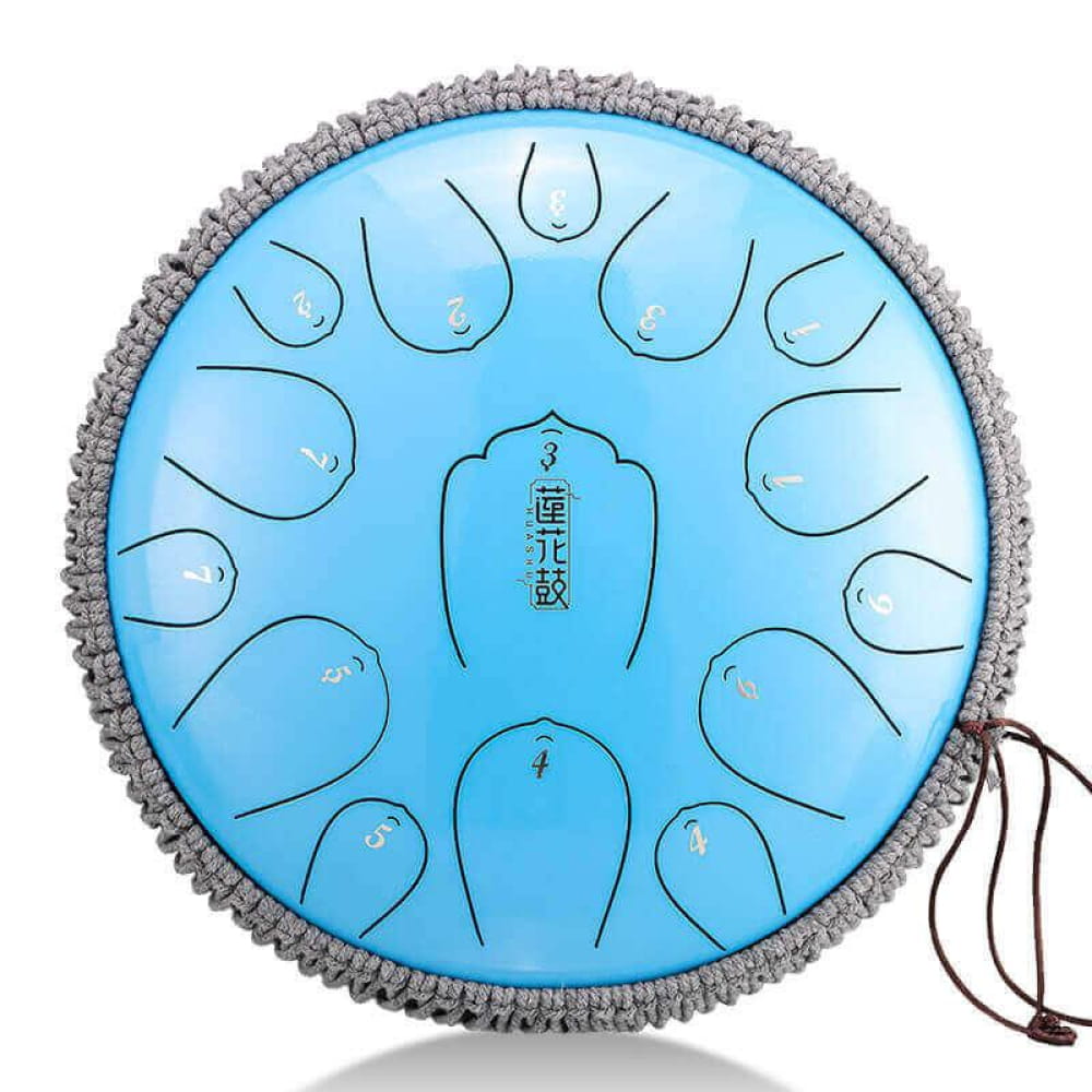 Light blue 13-Inch Carbon Steel Tongue Drum with decorative grey trim and drawstring