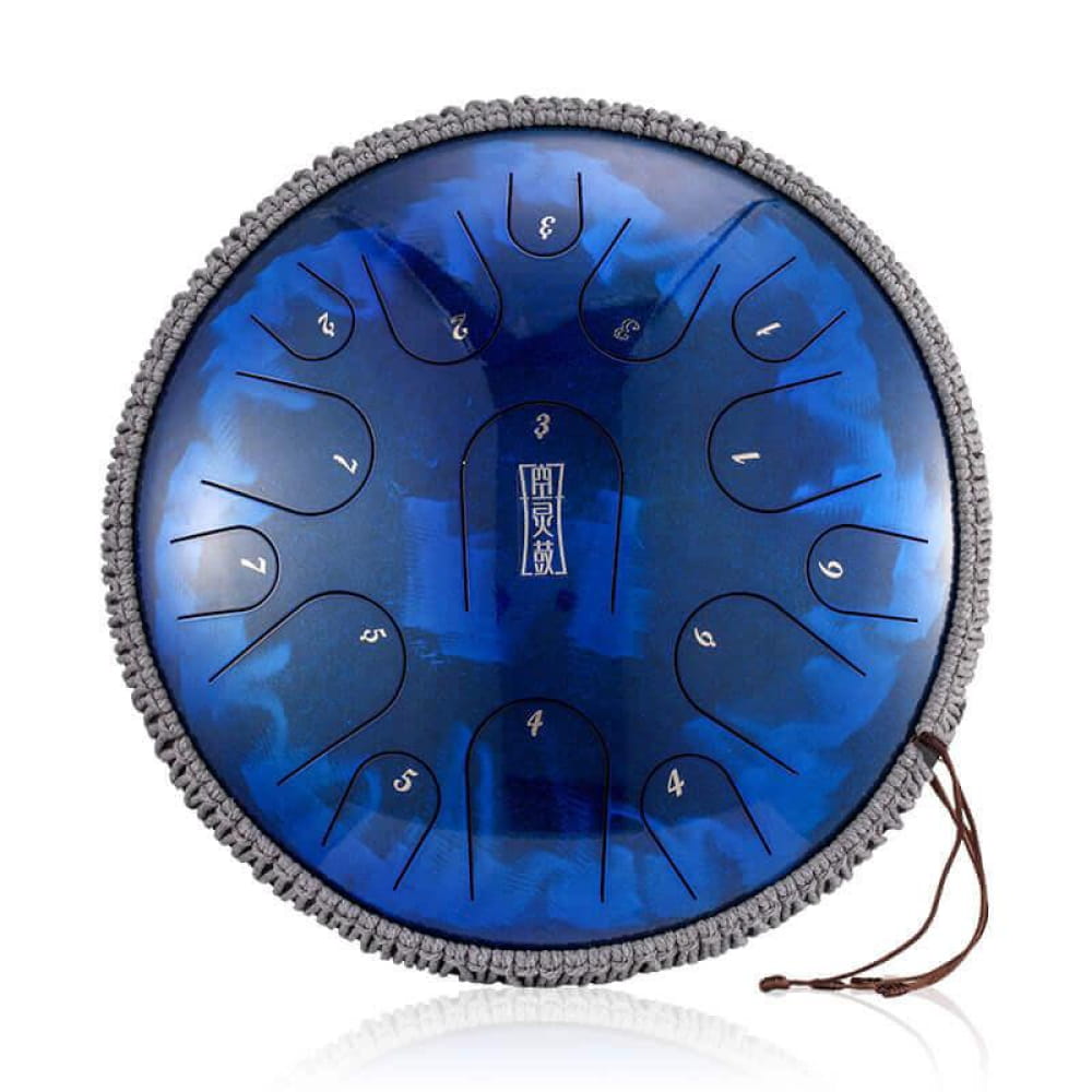 Blue Steel Tongue Drum with Grey Fringe and Numbered Tone Zones in C & D Major