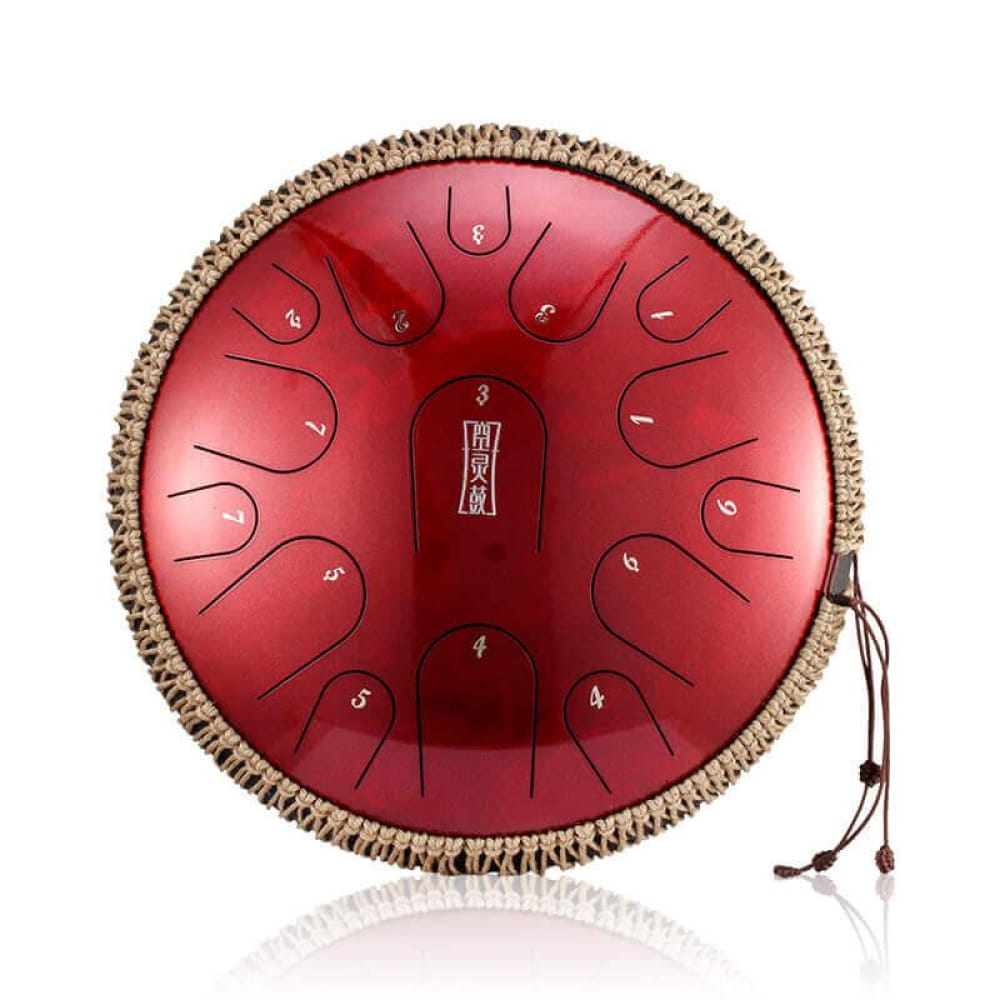 Red steel tongue drum with numbered tone fields and decorative trim, 13-Inch Titanium model