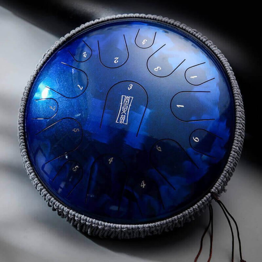 Metallic blue 13-Inch Titanium Steel Tongue Drum with 15 notes and braided trim